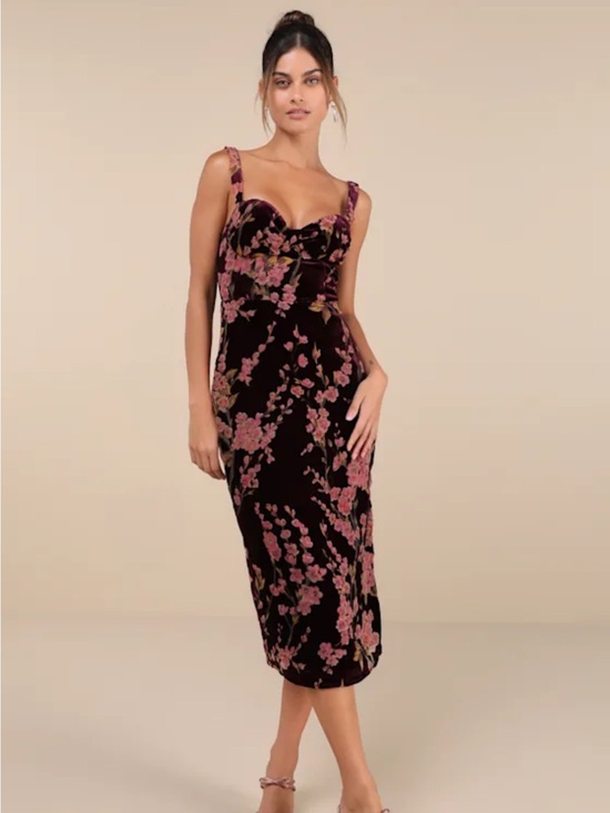 Lulus Dresses & Skirts - Lulu's Romantic Stunner Plum Floral Burnout Velvet Lace-Up Dress Medium